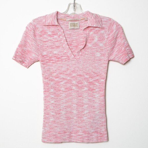 Scotch & Soda Polo Shirt Pink White Ribbed Knit Collared V-Neck Top XS - Picture 3 of 13
